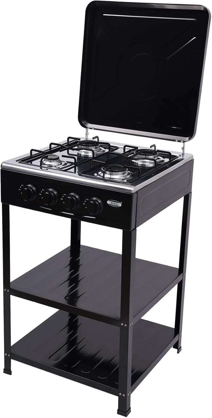 LPG/NG Gas Stove 4 Burner, Portable Natural Gas Stove Outdoor Camping BBQ Stove Gas Cooker with 2 Tier Storage Rack, for RV, Apartment, Outdoor Cooking (Black, 4-Burner)