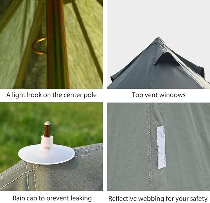 Cotton Canvas Bell Tent with Stove Jack, Roomy Yurt for Family Glamping Camping, 4 Season Tent with Zipped Removable Floor