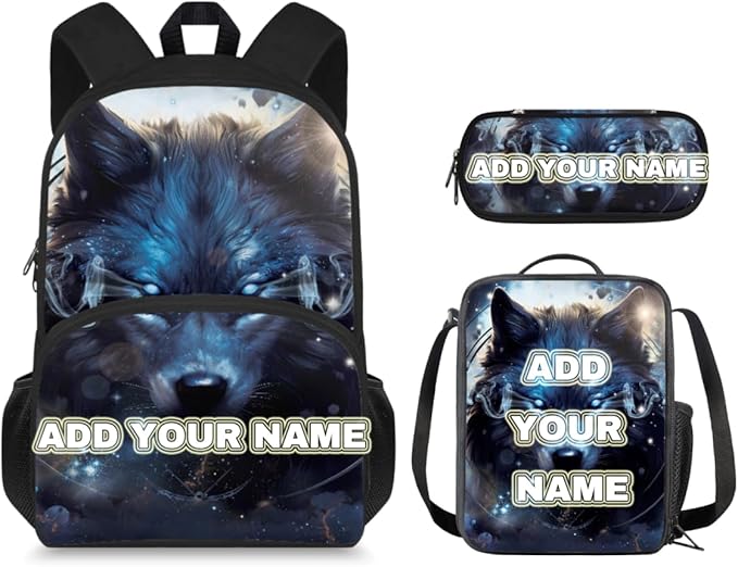 Ystardream Cool Wolf Backpack for Boys 10-12 Kids Backpack with Lunch Box Pencil Box Custom Student Backpack for Teenagers Primary School Backpack for School Travel Dance Sports Camping