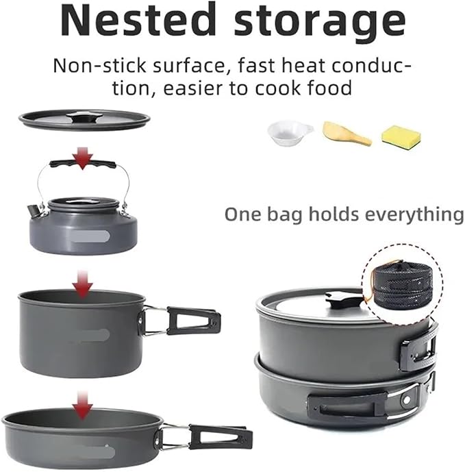 Camping Cookware Set Portable Kit Outdoor Pot Cooking Water Kettle Pan Tableware Hiking Picnic Equipment