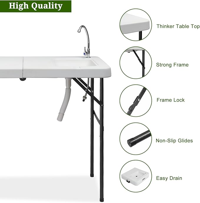 VINGLI Fold in Half Folding Fish Cleaning Table with Sink, Bi-Folding Outdoor Portable Camping Game Sink Table,Fish Fillet Cutting Table with Drainage Hose for Patio Backyard BBQ