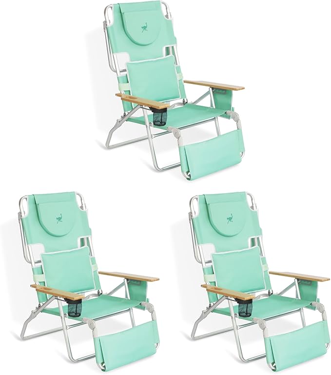 Ostrich Deluxe Padded 3-N-1 Lightweight Portable Adjustable Outdoor Folding Chair for Lawn Beach Lake Camping Lounge with Footrest, Teal (3 Pack)