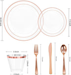 bUCLA 300PCS Rose Gold Plastic Dinnerware - Clear Dinnerware Set Disposable Include 50 Dinner Plates,50 Dessert Plates,50 Knives,50 Forks,50 Spoons,50 Cups for Party, Wedding & Valentines Day