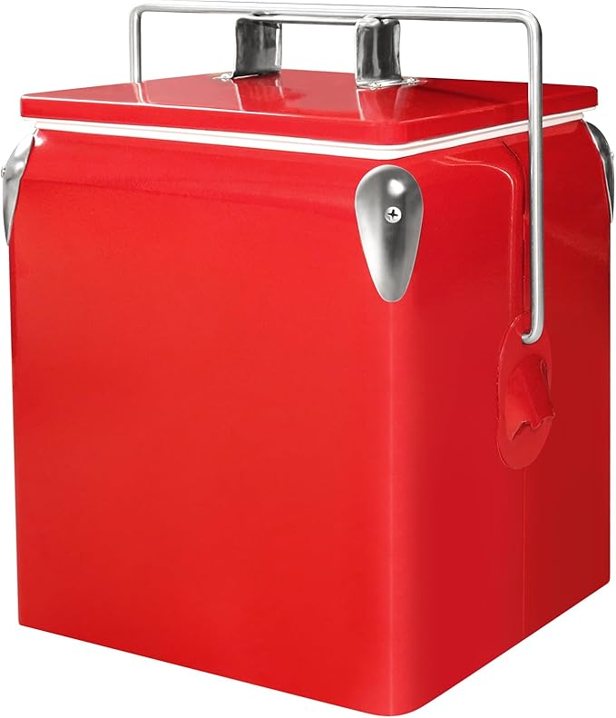 Retro Ice Chest Cooler with Bottle Opener 13L (14Qt), Stainless Steel Vintage Style Ice Bucket for Camping, Party, Beach, Picnic, RV, BBQ, Tailgating, Fishing
