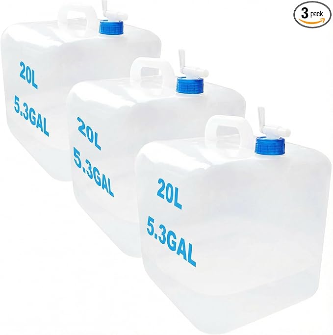3-Pack 5.3 Gallon (20L) Collapsible Water Containers with Spigot - Food Grade PE Water Jug - Leak-Proof Water Storage Bag for Camping, Hiking & Emergency Backup - Portable, Foldable