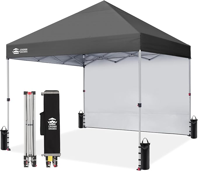 CROWN SHADES 8x8 Pop Up Canopy with 1 Side Wall - Beach Tent with One Push Setup - Outdoor Sun Shade for Events, Parties, Camping - Gazebo with STO-N-Go Cover Bag (Grid Grey)