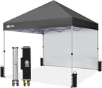 CROWN SHADES 8x8 Pop Up Canopy with 1 Side Wall - Beach Tent with One Push Setup - Outdoor Sun Shade for Events, Parties, Camping - Gazebo with STO-N-Go Cover Bag (Grid Grey)