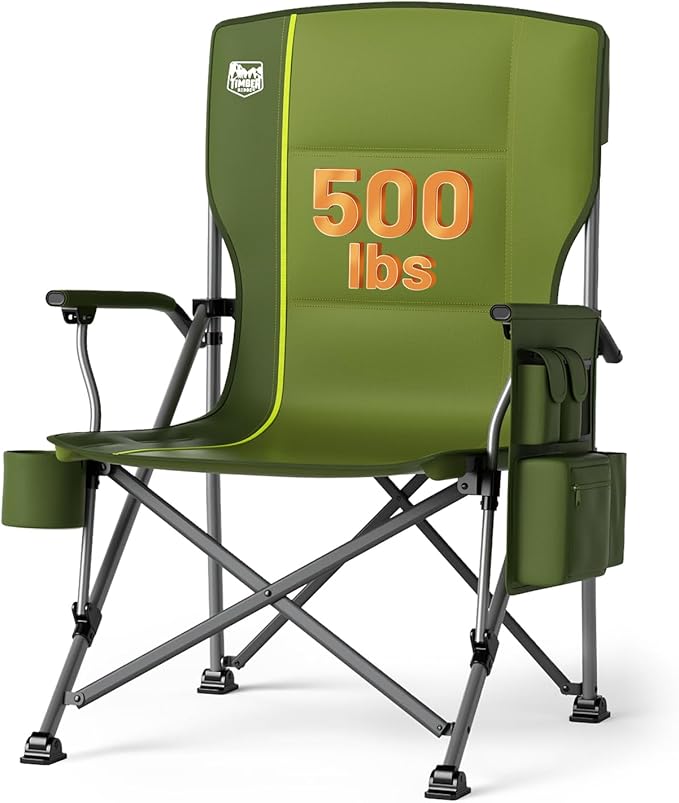 Timber Ridge 500lbs Oversized Folding Camping Chair, Heavy Duty Lawn Chair for Adults, Portable Collapsible High Back Chair with Cup Holder, Side Pocket Cooler Bag, for Outdoor, Sports, Green