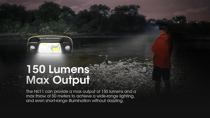 Nitecore NU11 Clip-On Cap Light and Headlamp, 150 Lumen Bright, USB-C Rechargeable, 90 Degree Adjustable for Fishing Camping and Work with Hands-Free Motion Sensor, White and Red LEDs and Sticker