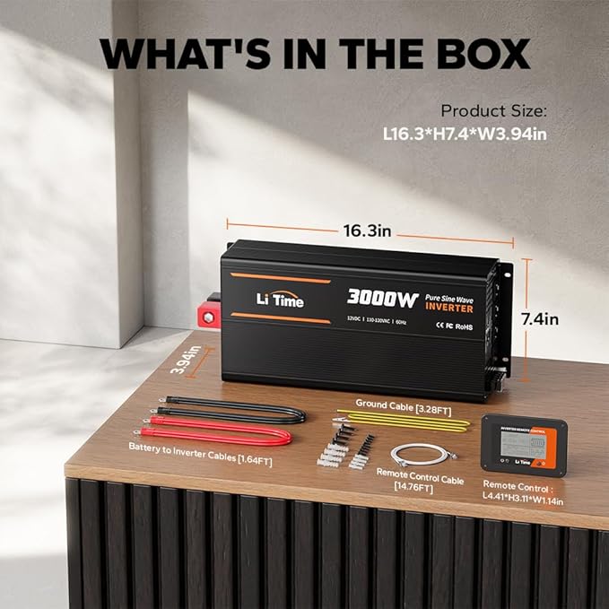 LiTime 3000W Pure Sine Wave Inverter 12V DC to 120V AC Converter with Remote Control for RV, Camping, Off-Grid Solar Power Inverter with 4 AC Outlets,2 USB Outputs, Screen Showing Real-time Status