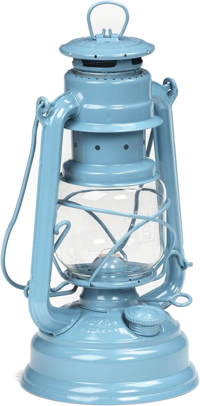 Feuerhand Outdoor Kerosene Fuel Lantern, German Made Weather Resistant Baby Special 276 Galvanized Hurricane Lamp for Camping or Patio, 10 Inches, Pastel Blue