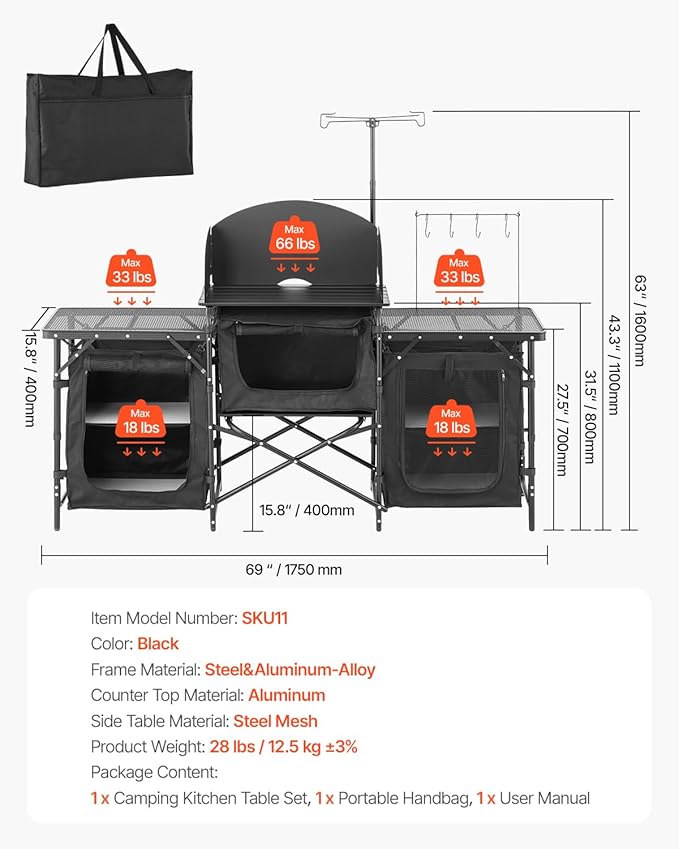 VEVOR Camping Kitchen Table, Outdoor Camp Cooking Table, Aluminum Portable Cook Station with 3 Storage Cupboard, Carrying Bag, Detachable Windscreen, Quick Set-up for BBQ Party Picnic RV Travel, Black