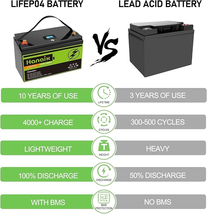 12V 100Ah LiFePO4 Lithium Battery, Built-in 100A BMS, Up to 8000 Cycles, for Solar Energy Storage, Backup Power, RV, Camping, Off-Grid