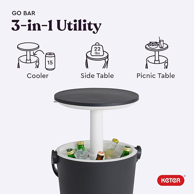 Keter Go Bar 4.2 Gallon Portable Beer and Wine Cooler with Handle and Pop Up Outdoor Table Perfect for Your Patio, Picnic, and Beach Accessories, Graphite