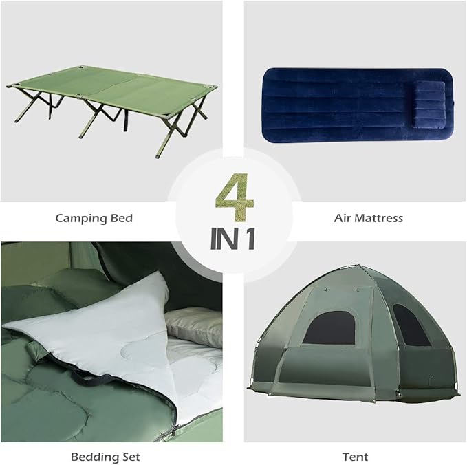 Double Tent Bed, Portable Camping Tent with Air Mattress and Pillow, Folding Camping Cot of Metal Frame, Double Sleep Bag with Polyester Canopy, for Outdoor Family Camping Picnic - Military Green