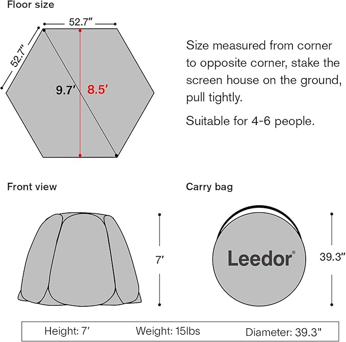 LEEDOR Pop Up Screen House, 6-10-15 Person Outdoor Screen Tent，Camping Screen Room with Carry Bag, Screened Gazebo with Mosquito Netting, Instant UV Resistant Sun Shelter for Garden, Patio, Backyard