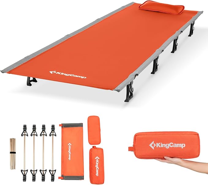 KingCamp Ultralight Camping Cot, Portable Folding Tent Camping Cot, 265 Lbs Heavy Duty Sleeping Cot with Pillow for Adults Outdoor Backpacking Travel Hiking, Orange