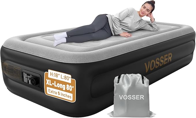 Twin Air Mattress with Built in Pump,18''Inflatable Mattress 2 Mins Self-Inflation/Deflation,XL-Long Blow up Mattress Thicker,Flocked Top Air Bed with Storage Bag for Home, Camping & Guests