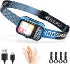 DARKDAWN Headlamp Rechargeable LED, 5 Modes USB C Headband Flashlight with Motion Sensor，Digital Power Display，Up/Down Adjustable, for Camping, Car Repairing,1PCS