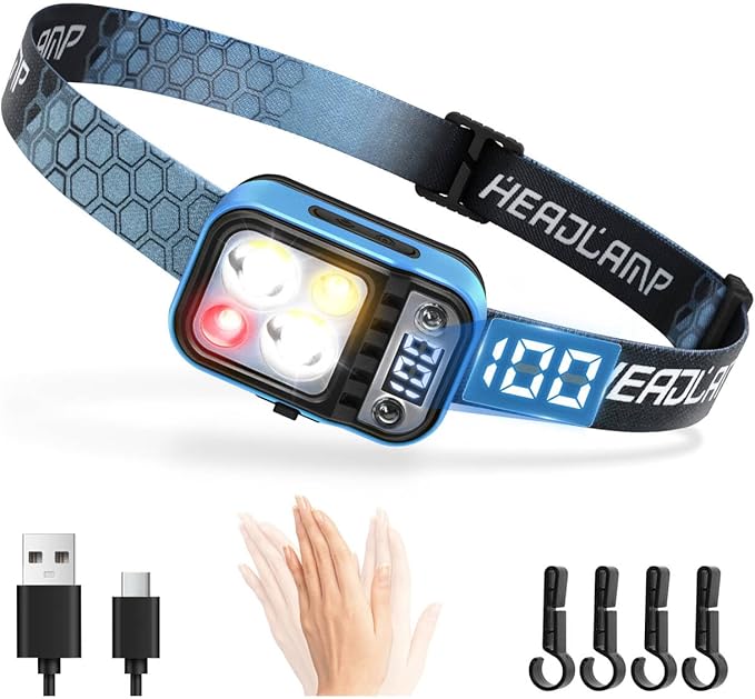 DARKDAWN Headlamp Rechargeable LED, 5 Modes USB C Headband Flashlight with Motion Sensor，Digital Power Display，Up/Down Adjustable, for Camping, Car Repairing,1PCS
