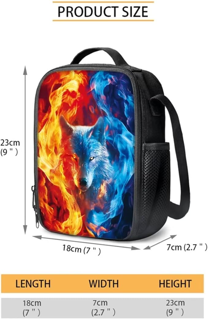 Fire and Wolf Pattern 3 PCS Backpack with Portable Lunch Box and Sturdy Pencil Case, School 3 Set Boys School Book Bag for Travelling Camping Picnic Activities