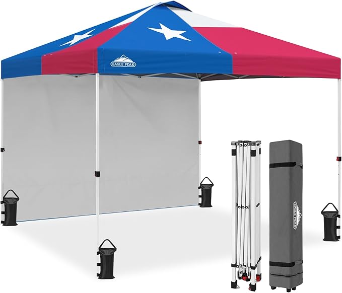 EAGLE PEAK Commercial Canopy 10x10 Pop Up Canopy Tent with 1 Sidewall, Easy Setup Heavy Duty Instant Event Shelter for Vendors & Markets, Outdoor Sun Shade, Tex Flag