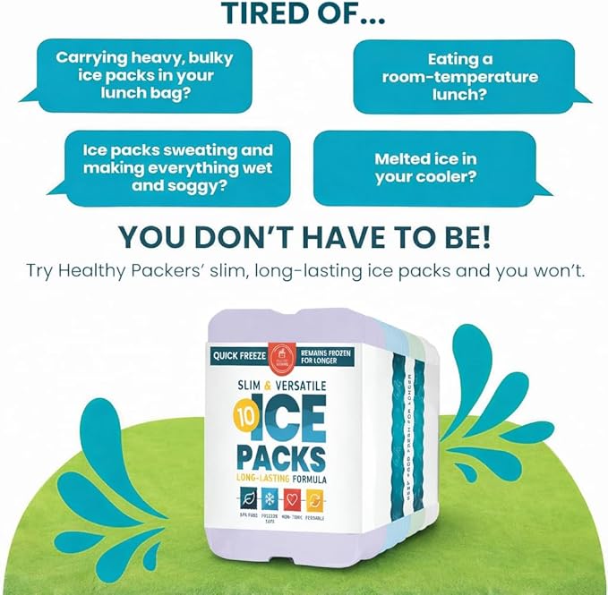 Healthy Packers Ice Packs for Lunch Boxes & Coolers - Freezer Packs - Original Cool Pack | Cooler Accessories for Beach, Camping & Fishing | Slim & Long-Lasting Reusable Ice Pack for Cooler