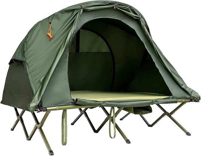 Tangkula 2-Person Tent Cot, 4-in-1 Folding Tent with Waterproof Rainfly, Self-Inflating Mattress & Roller Carrying Bag, Portable Off Ground Elevated Tent with Shoe Storage Pocket & Lamp Hook
