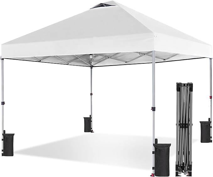 Sweetcrispy 10x10ft Pop Up Canopy Tent with 1-Person One Push Setup, Instant Portable Outdoor Shelter for Beach, Events, Camping – Includes Rolling Carry Bag, White