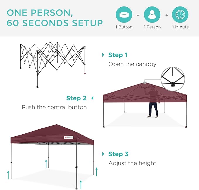 Best Choice Products 12x12ft Pop Up Canopy Tent, Outdoor Shade, 1 Person 1 Minute Set Up, Carry Case, 4 Weight Bags - Burgundy