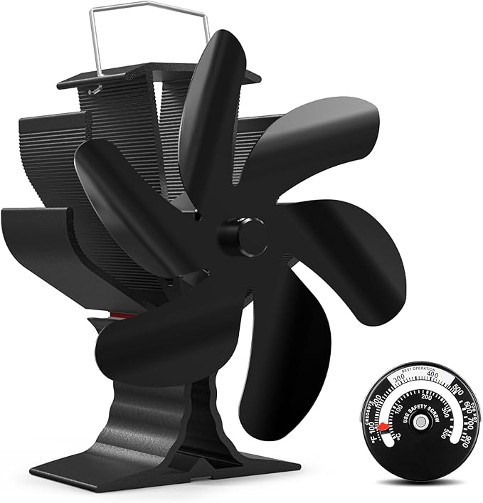 HIDALIFE Wood Stove Fan for Heater, Heat Powered Fireplace 6 Blades Fan with Bracket Compatible for Heater,Thermal Tent Heater Fan for Camping Propane Heater with Magnetic Thermometer