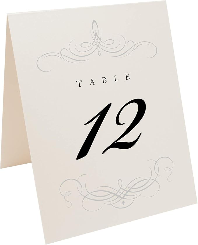 Decadent Flourish Wedding Table Numbers (Select Color/Quantity), Champagne, Silver, 1-65, Double Sided, Tent or Use in a Stand, Great for Parties & Restaurants - Made in the USA