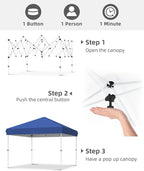 GarveeLife 10x10 Pop Up Canopy with One Button Push Setup - Heavy Duty Outdoor Canopy Tent with Portable Roller Bag - 3 Adjustable Height, 4 Weight Bags, 8 Stakes & 4 Guy Ropes Included, Blue