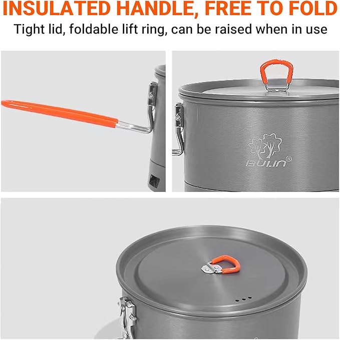 Bulin Camping Pot, 1.2L/1.5L High Efficiency Backpacking Pot Ultralight Camping Cooking Set Cookware Gear with Heat-Proof Handle & Heat Exchanger for Outdoor Picnic Hiking Travel