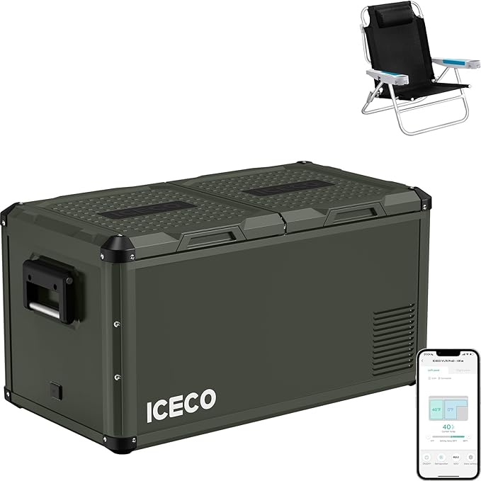ICECO VL75ProD Olive 79Qt/75L Portable Freezer, Dual Zone Fridge Freezer with SECOP, 0-50°F, Dual USB DC&AC, Reversible&Removable Lid, 12v Refrigerator For RV, Road Trip| With Beach Chair-Black