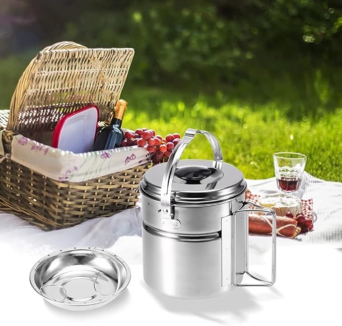 Outdoor Hiking Camping Cookware Set Stainless Steel Handle Camping Pot Cooking Tableware Picnic Set Pot Dinnerware