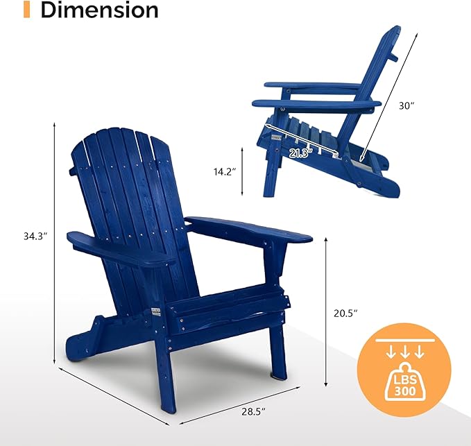 VINGLI Folding Adirondack Chairs Set of 1, Wood Adirondack Chair for Outdoor, Foldable Fire Pit Chairs for Patio, BBQ, Porch, Yard, Pool, Blue