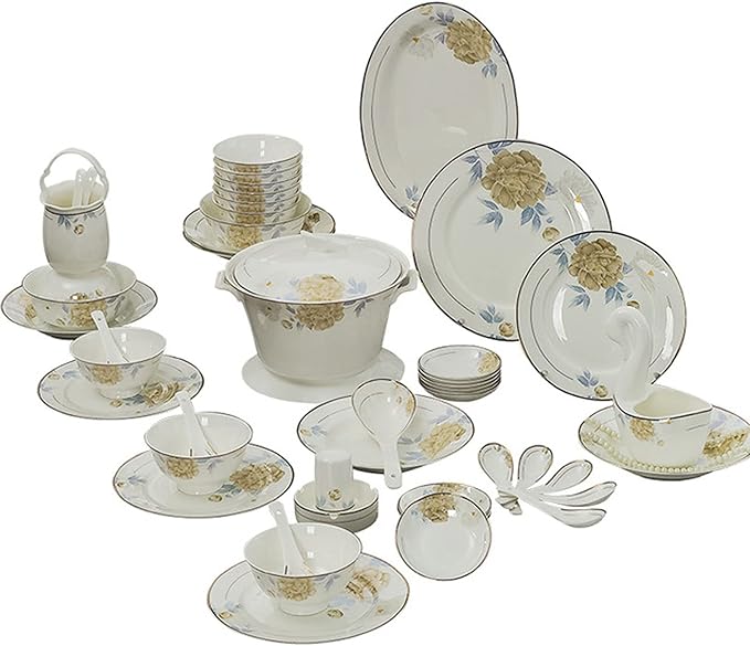 Gold Rim Ceramic Tableware Set Handmade Modern White China Ceramic Floral Tableware Set Suitable for Family Hotel Restaurant 60 Piece