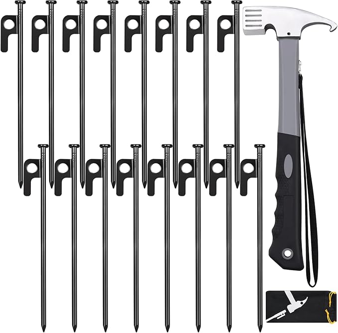 Tent Stakes and Hammer Set, 16 Pack 8in Heavy Duty Forged Steel Tent Stakes + 12in Heavy Duty Camping Hammer + Storage Pouch, Available in Rocky Place