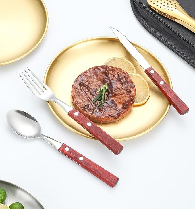 Silverware Flatware Cutlery Set, 304 Stainless Steel Outdoor Camping Tableware Set for Two, Wooden Handle Knife, Fork, Spoon, Steak Clip, Bottle Opener,Red Gold-12Set