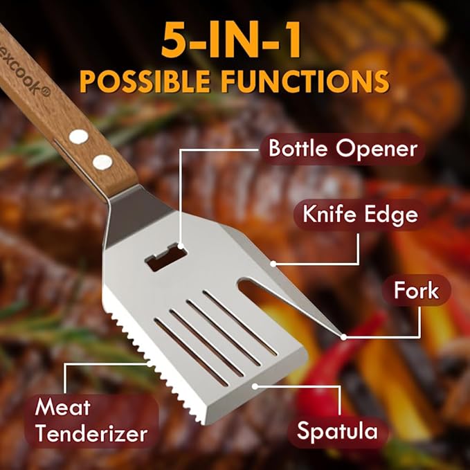 5-in-1 Multifunctional Grill Spatula - Heavy Duty Stainless Steel BBQ Tool with Bottle Opener, Meat Tenderizer & 15.7" Wood Handle for Outdoor Grilling, Camping, Backyard BBQ