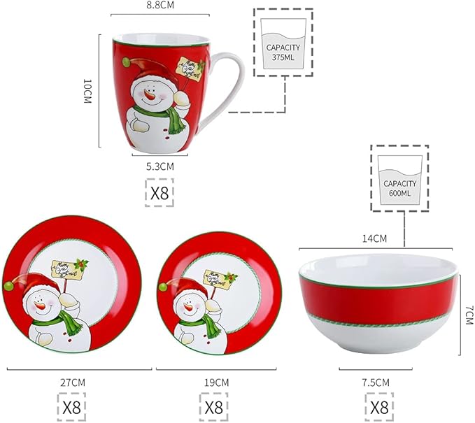 GaRcan Sudemota Dinner Plate Christmas Snowman 16/32-Piece Porcelain Dinner Tableware Set with Dinner Dessert Plate,Bowl,Mug Service for 4/8 Person/a/32-Piece