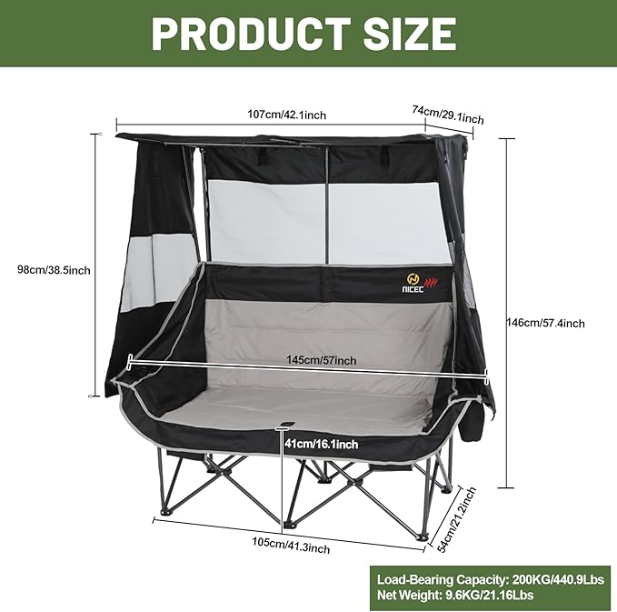 Nice C Heated Double Camping Chair with Canopy, Heated Outdoor Sports Folding Chair with Battery, Portable Padded Umbrella Chairs with Shade, Cup Holder, Cooler Bag, Loveseat for Lawn, Outdoors