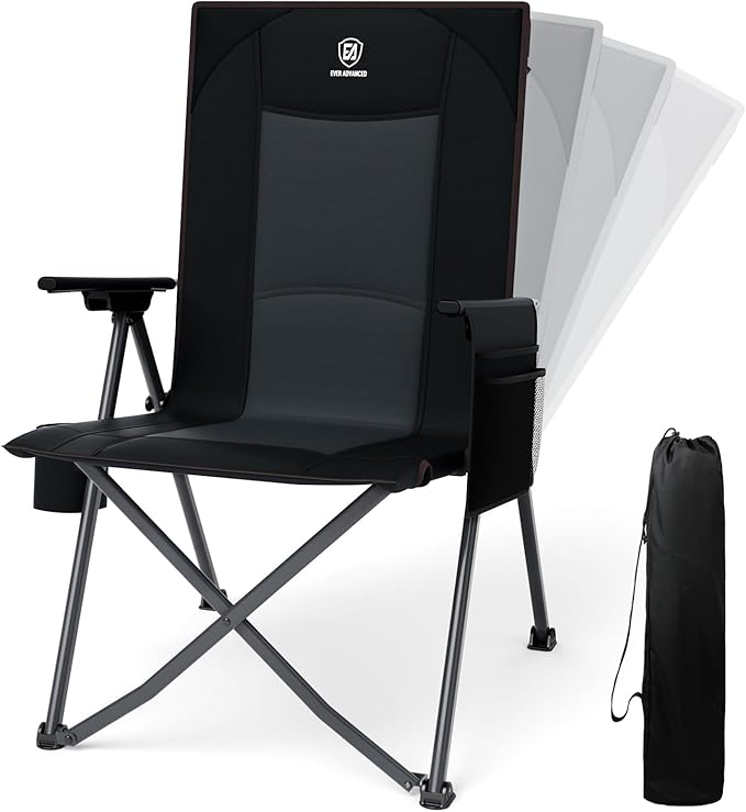 EVER ADVANCED Reclining Camping Chairs for Adult Lightweight, Folding Recliner Chair with Adjustable Back, 4-Level Lounge Chairs, Portable Lawn Chairs for Patio Balcony, Supports 350lbs Black