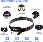 Headlamp Rechargeable, Super Bright Motion Sensor LED Head Lamp Flashlight, 8 Modes for Camping & Hiking Gear Essentials, IP65 Waterproof Headlight, Red Light for Emergency Safety, USB Cable Included
