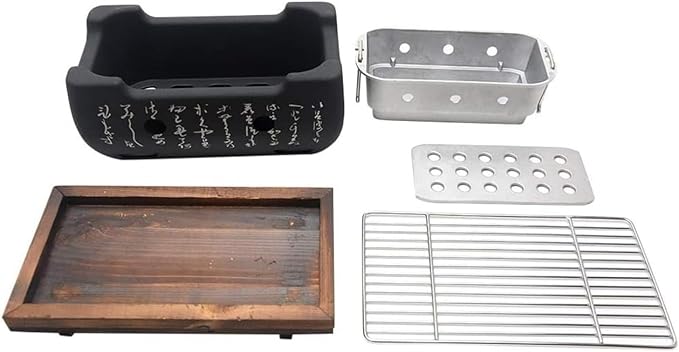 Japanese Style Hibachi Grill, Portable Tabletop Yakitori Charcoal Grill for Indoor Outdoor BBQ with Wooden Base & Wire Mesh 4.9x4.5x9.4in