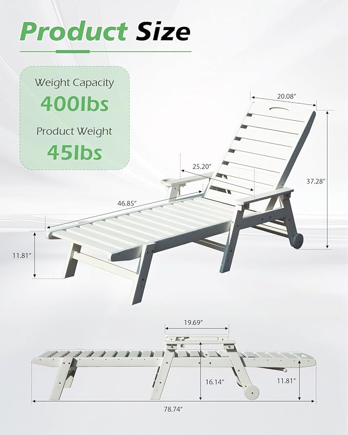 Domi Outdoor Lounge Chairs Set of 2, HDPE Pool Chaise Lounge Chairs for Poolside, Pool Loungers for Outside, Patio, Sunbathing Tanning, White