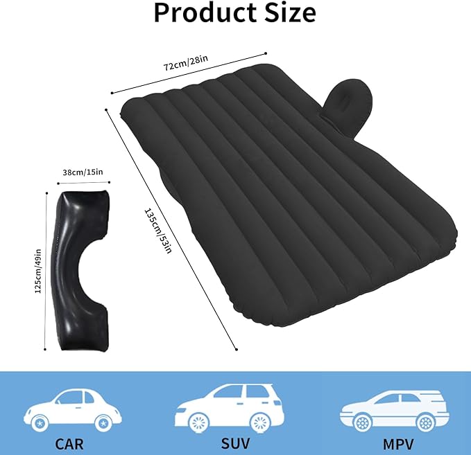 Car Air Mattress, Inflatable SUV Truck Camping Mattress for Back Seat, Thickened Travel Car Bed Sleeping Pad with Inflatable Pier Air Pump 2 Pillows (Black)