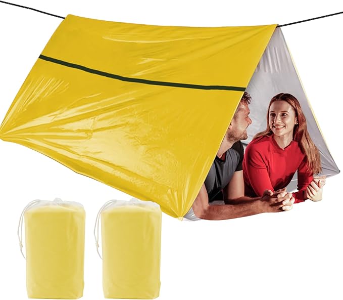 1-Pack Survival Life Tent - 1Person Mylar Shelter, Tube Tent with Paracord, All-Weather for Camping, Hiking, Survival Kits-Yellow