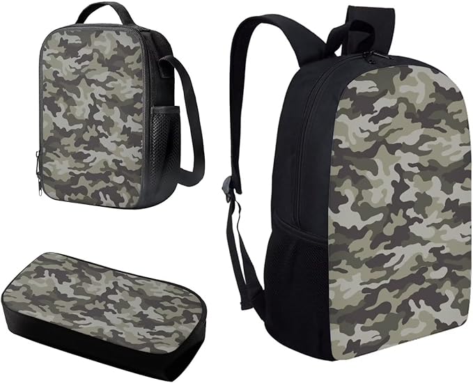 Horeset Grey Camo Print Backpack Set for Boys with Lunch Bag Pencil Case, Primary School Bookbag Casual School Bag Sports Rucksack Daypack 3-in-1 Fit Sports Travel Outdoor